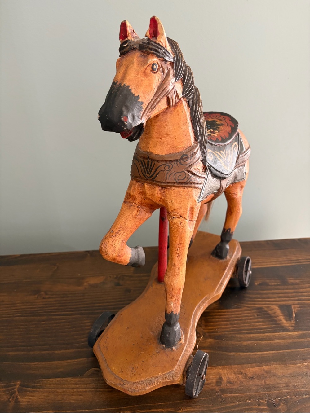 Vintage Hand Carved & Hand-Painted Wooden Carousel Horse on Wheels Wooden Toy - Picture 3 of 14